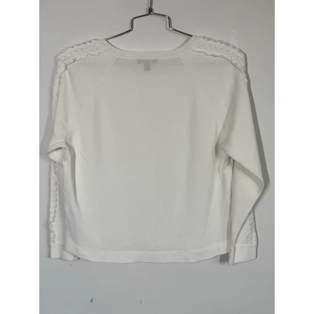 J Crew White Cropped Long Sleeve Cotton Sweater With Crochet Accents Sz M Spring
